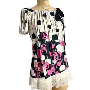 VTG Geri C New York Blouse White Pink‎ Black Retro Mod 70s Y2K Bow Neck M